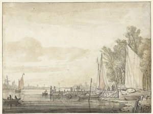 Båter ved en brygge i en elv av Aelbert Cuyp
