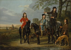 Ridesportrett av Cornelis og Michiel Pompe van Meerdervoort med deres veileder og kusk, Starting for the Hunt, ca. 1652-53