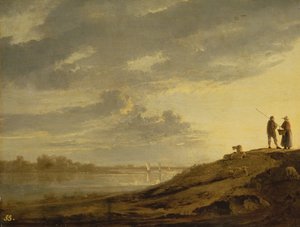 Solnedgang over en elv, 1650-tallet (panel)