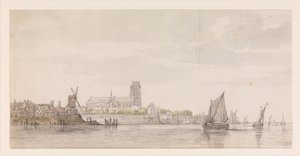 Utsikt over Groote Kerk i Dordrecht fra elven Maas av Aelbert Cuyp