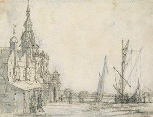 Utsikt over Groothoofdspoort fra nord-øst, Dordrecht, 1618 (kritt på papir) av Aelbert Cuyp
