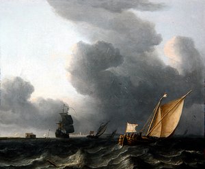 To nederlandske Smalschips og en krigsmann (olje på lerret) av Aernout Smit
