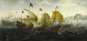 Slaget ved Cadiz Nederlandske og engelske skip angriper den spanske armadaen, 1608 av Aert Anthonisz