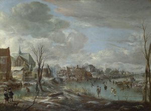 En frossen elv nær en landsby, med golfere og skatere, ca. 1647-1648 av Aert van der Neer