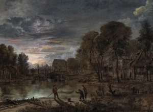 Et nattlig landskap med fiskere. av Aert van der Neer