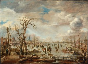 Vinterlandskap med isfornøyelser, ca. 1655 av Aert van der Neer
