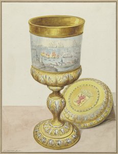 Gylden kopp med lokk, donert til Cornelis de Witt i anledning Reisen til Chatham, 1667 av Aert Schouman (signed by artist)