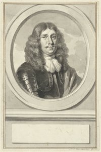 Portrett av Cornelis Evertsen i rustning, i oval, til høyre av Aert Schouman