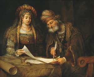 Esther og Mordekai skriver det første brevet i Purim, ca. 1675 (olje på lerret)