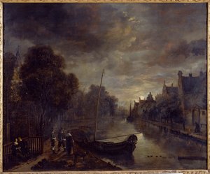 En kanal i en nederlandsk by av Moonlight (olje på lerret) av Aert van der Neer