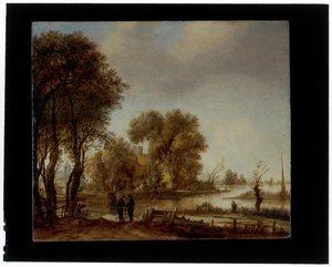 Et elvelandskap med menn som samtaler på et spor av Aert van der Neer
