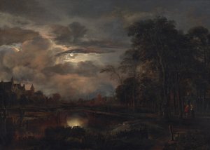 Månebelyst landskap med bro av Aert van der Neer