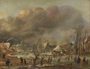 Snøfall på en landsby ved siden av en frossen kanal, 1630-77 av Aert van der Neer