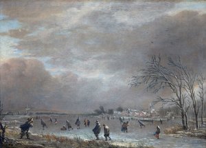 Vinterlandskap med skatere på en frossen elv (olje på panel) av Aert van der Neer