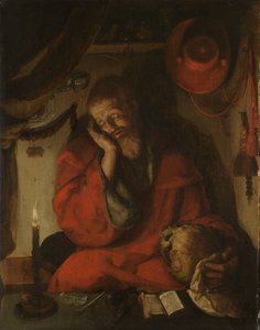 Saint Hieronymus i sin studie ved stearinlys av Aertgen Claesz van Leyden (attributed to)