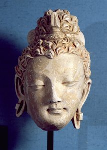 Hode for en smilende Buddha, gresk-buddhistisk stil, fra Hadda, 1.-4. århundre (stukk)