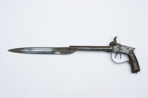 Dobbeltløps slagpistol, ca. 1840 (stål, messing og horn)