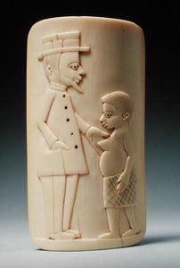 Plakett med figurer av en europeisk mann og en afrikansk kvinne, Kongo (elfenben) av African