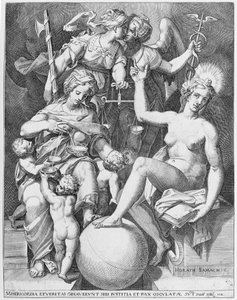 Allegori av Davids salme, Misericordia sittende til venstre og matet fire barn med..., 1579. av After Agostino Carracci.