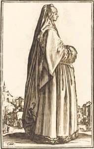 Edel kvinne iført slør og kjole trimmet i pels av After Jacques Callot