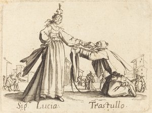 Tegn. Lucia og Trastullus av After Jacques Callot
