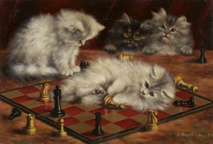 Katter med et sjakkbrett (olje på lerret) av Agnes Augusta Talboys