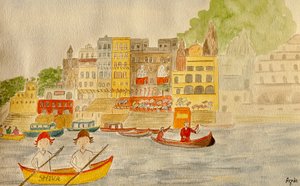 The Voyage, Varanasi, 2015 , akvarell på papir av Agnes Girardon