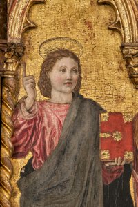 Coronation of the virgin and Saints, Polyptych on golden background, detail of 2384569 (tempera on panel)   1412761   no       norwegian Successfully Translated  Original: Specimens of Polyautography: Horses at a Cottage Door Translat: Specimens of Polyaut av Agnolo and Bartolomeo degli Erri
