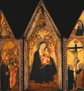 En bærbar triptyk med madonnaen og barnet tronet med engler,