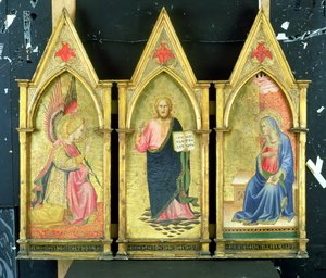 Erkeengelen Gabriel; Kristusstatuen; Jomfruen forkynner på gullslipte paneler, av Agnolo Gaddi