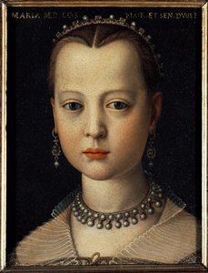 Portrett av Maria av Medici (1540-1557) datter av Cosimo I av Toscana (Cosimo I de Medici) (1519-1574) (Portrett av Maria de Medici datter av Cosimo I de Medici, storhertug av Toscana) Maleri av Bronzino (Agnolo) av Cosimo) (1503-1572) 1551 Dim 15x12 c av Agnolo Bronzino