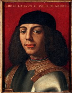 Portrett av Peter II av Medici (1472-1503) (Piero di Lorenzo de Medici eller Piero den uheldige) italiensk politiker og militær, sønn av Laurent det storslåtte maleriet av Agnolo Allori kalt Bronzino (1503-1572), olje på kobber Dim 15x12 cm Palazzo M av Agnolo Bronzino