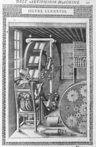 Automatisk bibliotek. Basert på et prosjekt av Agostino Ramelli i "" Diverse and Artificiose Machin"" og Milan 1600. av Agostino (after) Ramelli