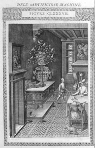 Fontene med falske fugler som synger. Dette er et prosjekt av Agostino Ramelli, ifølge "" Diverse and Artificiosis Machine"". Milano 1600. av Agostino (after) Ramelli