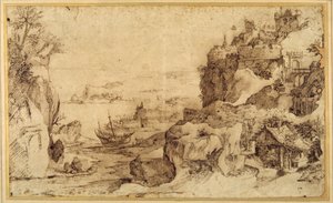 Utsikt nedover av en befestet havn (penn og brunt blekk på papir) av Agostino (attr. to) Carracci