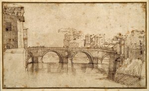 Isola Tiberina, Roma (penn og brunt blekk på papir) av Agostino (attr. to) Carracci
