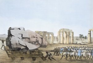Modus der Young Memnons hode ble fjernet, fra plater som illustrerer forskningen i Egypt og Nubia, Giovannie Battista Belzoni, Pub. 1822 (fargelitografi)