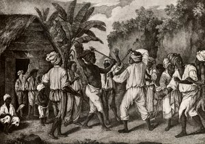 Kosekamp mellom engelske og franske negere på øya Dominica, Santo Domingo av Agostino Brunias