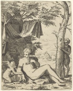 Venus, kjærlighet i sater av Agostino Carracci (attributed to)