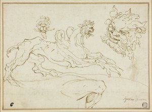 Fire skisser: Griffin, Grotesk Head, Head of Satyr, Bent Leg av Agostino Carracci