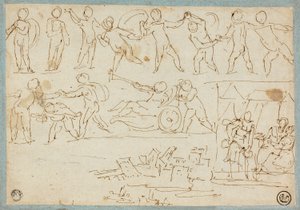 Frise av Putti, Skisse av Lot og hans døtre, Skisse av bygninger av Agostino Carracci