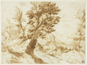 Kupert landskap med by i avstand av Agostino Carracci