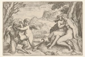 Love Conquers All Omnia vincit Amor, i en kamp med en satyr plasserer Amor sin høyre kn..., 1599.