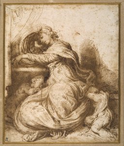 Madonna og barn med St John, alle sover (penn og brunt blekk og brun vask) av Agostino Carracci