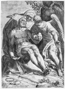 Pieta, Kristus støttet av jomfruen og en engel til høyre, 1582. av Agostino Carracci
