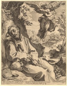 Den hellige Frans trøstet av den musiserende engelen av Agostino Carracci