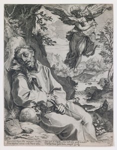 Den hellige Frans trøstet av den musiserende engelen av Agostino Carracci