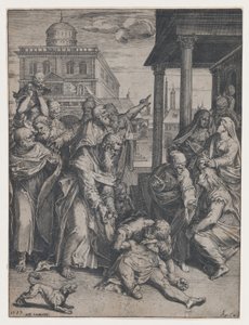 Saint Paul oppdrar Patroclus som er på bakken, omgitt av en gruppe tilskuere, ..., 1583. av Agostino Carracci