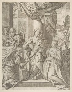 Det mystiske ekteskapet til Saint Catherine som sitter i sentrum med Kristusbarnet, engler med..., 1585. av Agostino Carracci
