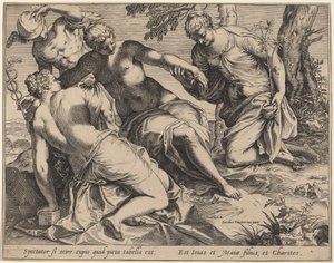 Merkur og de tre nåder av Agostino Carracci after Jacopo Tintoretto